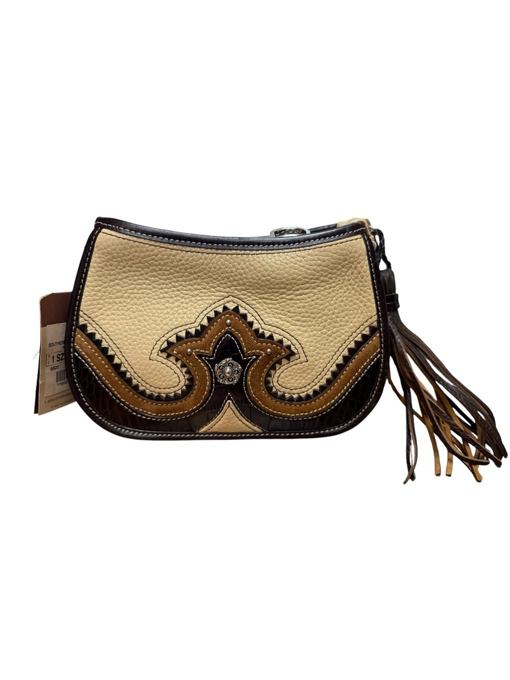 NWT Vintage Overland Southern Star Cream Brown Leather Fringe Crossbody Clutch